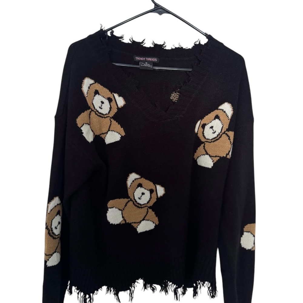 Black V-Neck Sweater with Teddy Bear Pattern